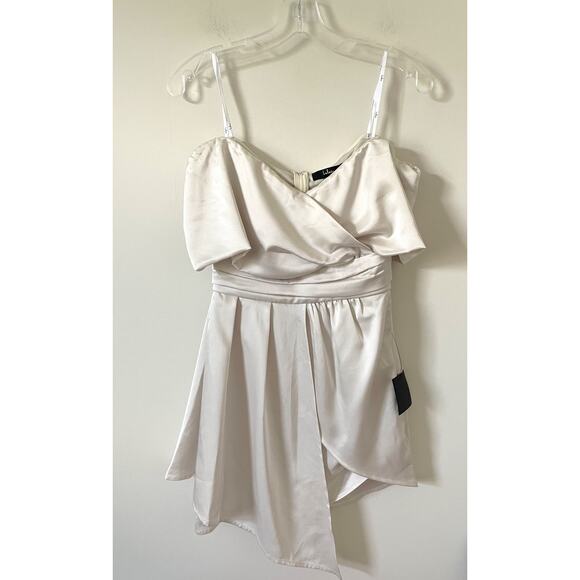 Lulus Satin Off-the-Shoulder Mini Dress Ivory Size Small NEW - Picture 5 of 13